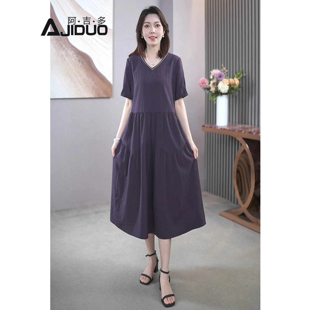 紫色V领大码连衣裙夏季2025新款气质高级感妈妈装中长裙子A21853