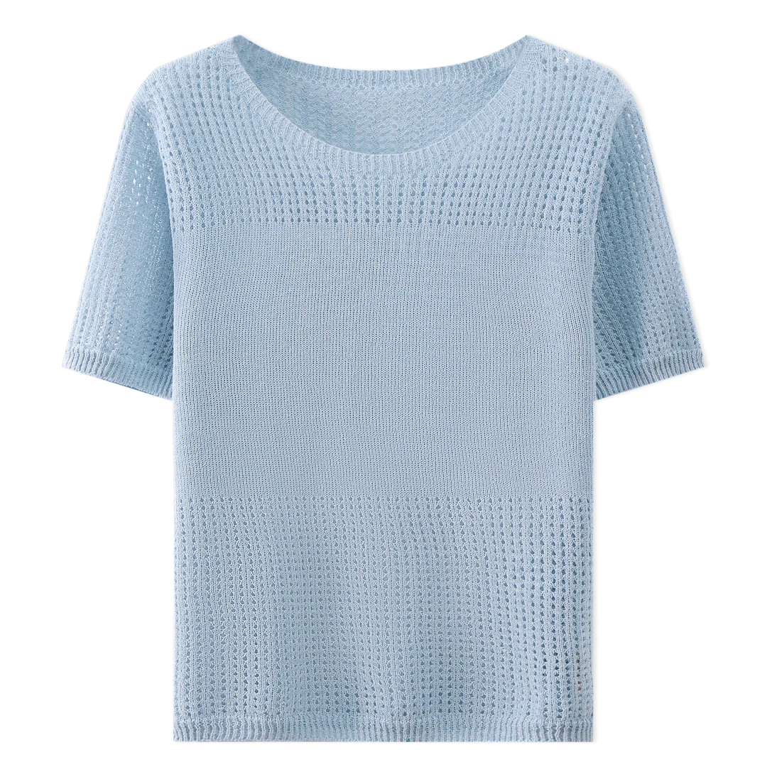 和纸纱桑蚕丝混纺圆领2025新款百搭短袖针织衫上衣7526