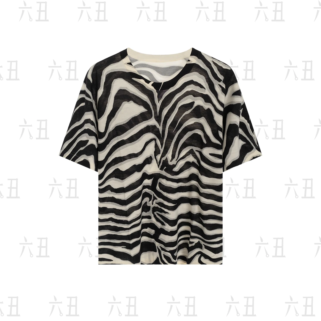 【六丑】新款夏季时尚百搭气质黑白条纹圆领针织衫上衣505ZZS0063