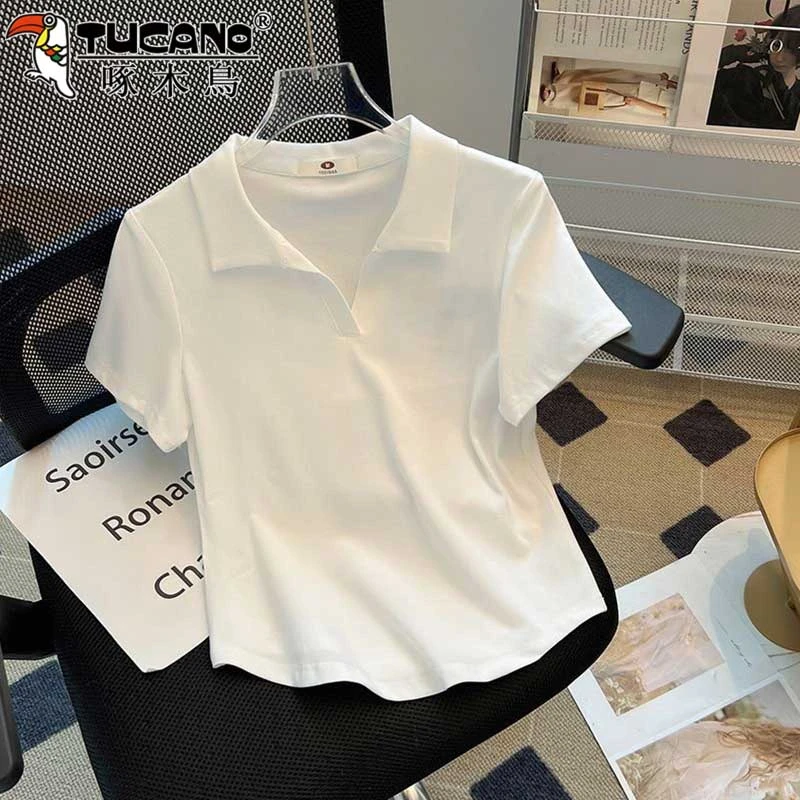 啄木鸟短袖t恤女2025夏季新款POLO领气质纯色时尚不规则棉质上衣