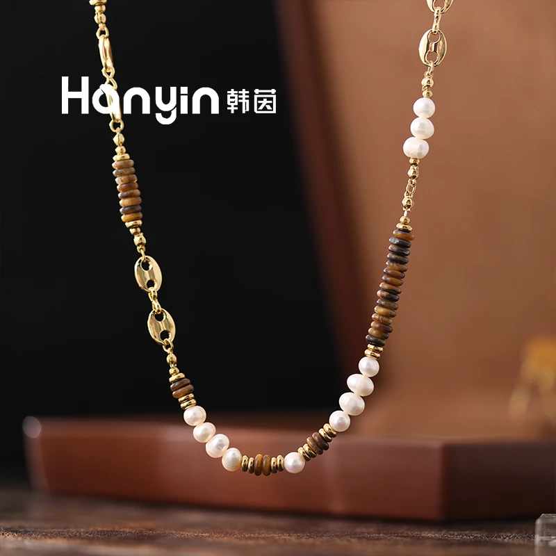 高定重工木变石虎眼石算盘珠淡水珍珠猪鼻子不掉色项链AAA