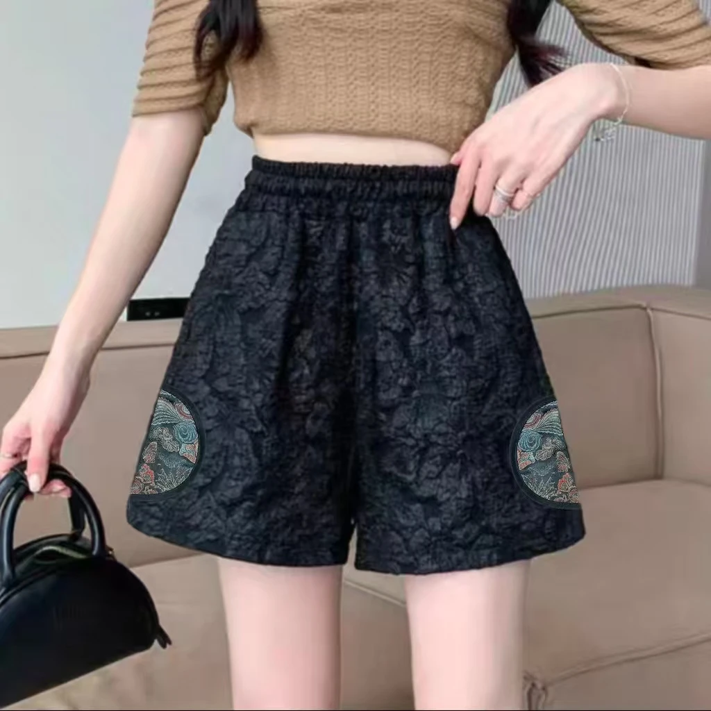 2025夏季新中式国风肌理提花休闲短裤大码高腰黑色宽松阔腿裤
