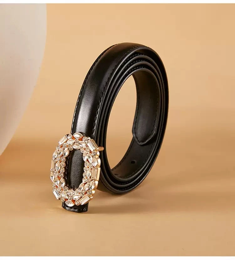 0001时尚女士真皮细腰带水钻百搭牛皮腰带配裙子时尚个性时尚腰带