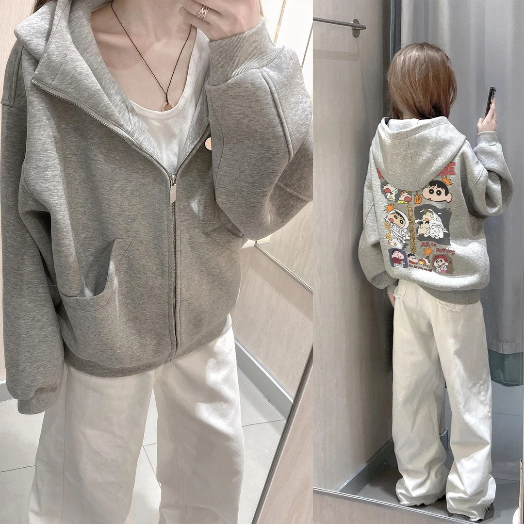 WASSUP HSUBE美式休闲宽松潮流卡通连帽拉链印花长袖秋冬情侣上衣