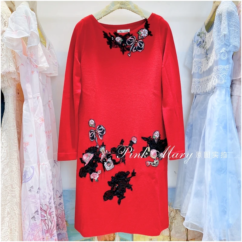 pink mary粉红玛琍红色圆领休闲毛衫长款毛衣针织衫PMAGW881513