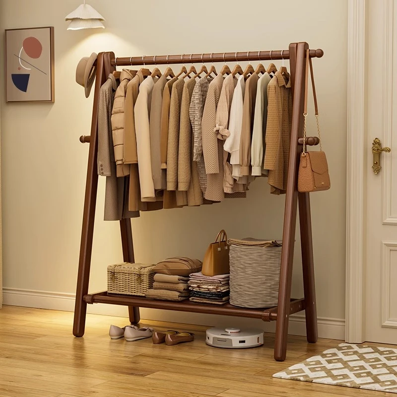 全实木挂衣架落地卧室家用衣帽架房间置物晾衣架室内简易衣服挂杆