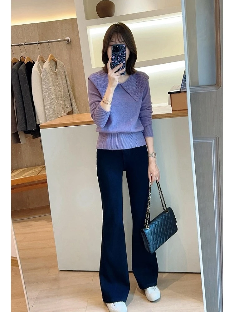 韩系高级感超好看内搭打底上衣紫色针织娃娃领毛衣女2025新款秋季
