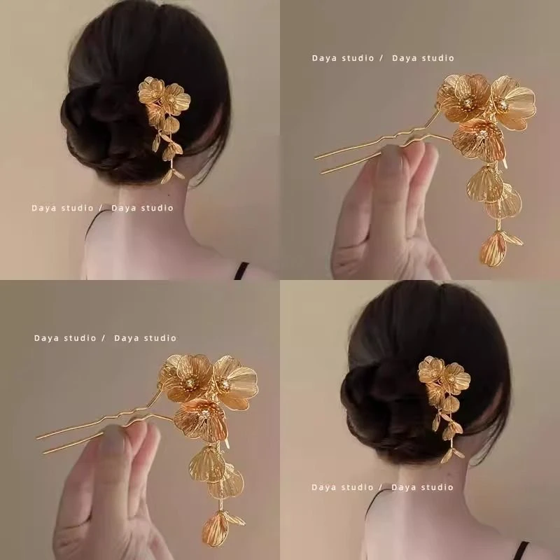 金色花枝!新中式金属花朵流苏发簪!轻奢小众超仙气质繁花发钗女