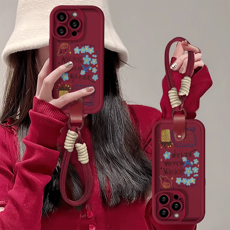 鲜花和浪漫皮扣小熊挂绳适用苹果17手机壳华为荣耀vivo小米15oppo