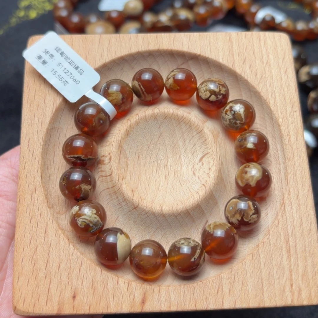 琥珀未镶嵌珠宝奇石12mm橘红蜜白妖花溶洞