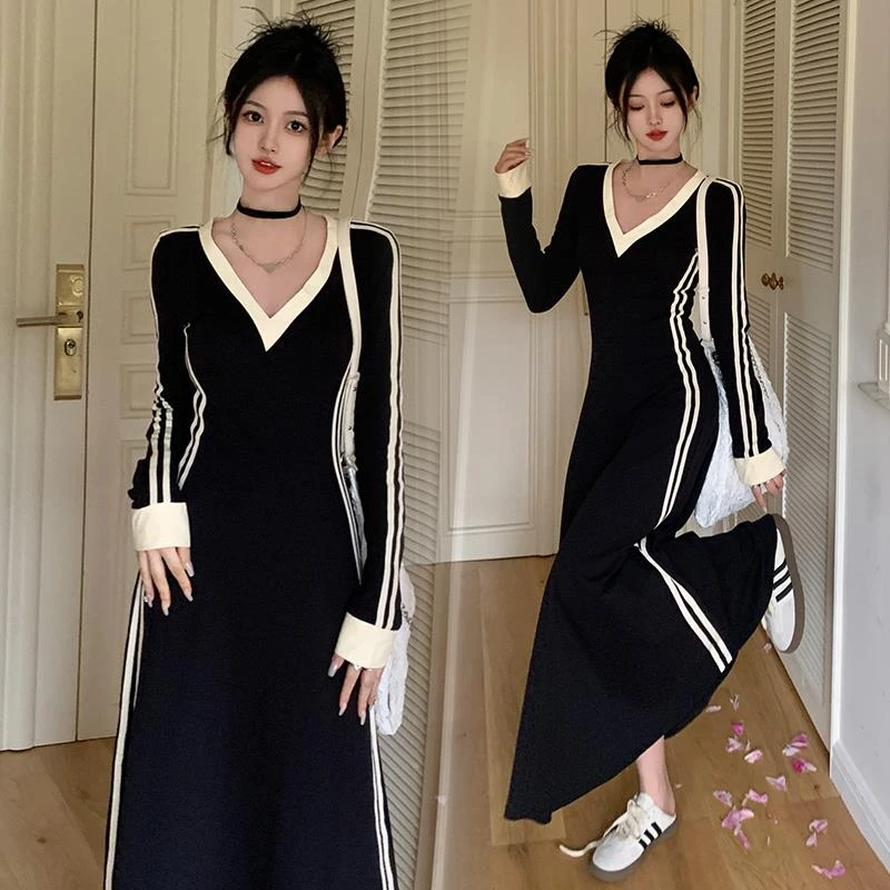 大码胖mm春秋条纹V领长袖t恤打底裙连衣裙女韩版高级感a字长裙子