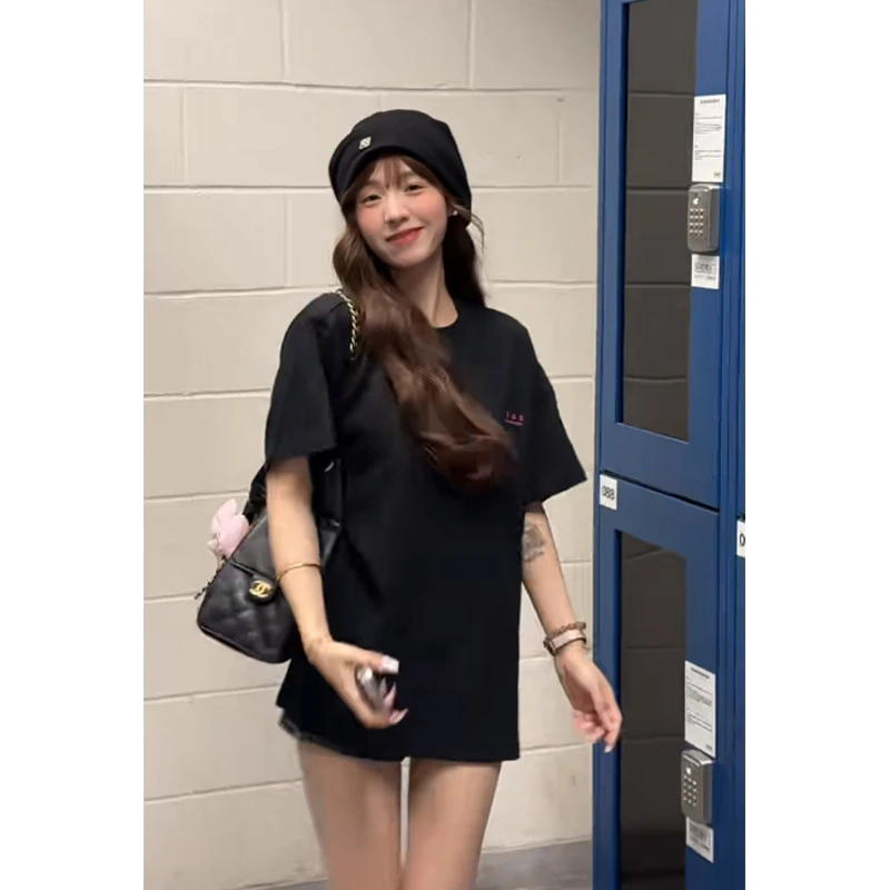 欧美美式复古纯棉黑色t恤女夏季宽松设计感小众重磅爆款半袖上衣