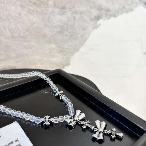 铜合金仿水晶项链 蝴蝶结十字ZZ项链XL3359