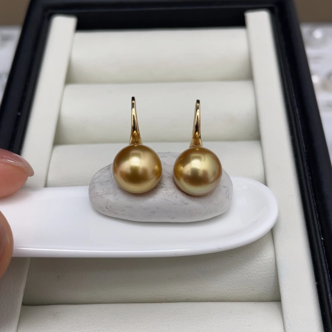 海水珍珠耳饰18K金镶嵌10-11南洋金珠浓茶色彩