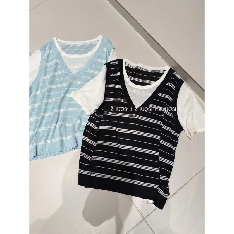 #22936 夏季超薄冰丝假两件条纹t恤 显瘦百搭针织上衣 需要手洗哦