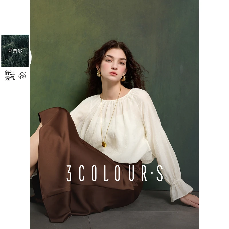 三彩2025春季新款莱赛尔天丝小衫提花宽松上衣附送吊带开叉女S
