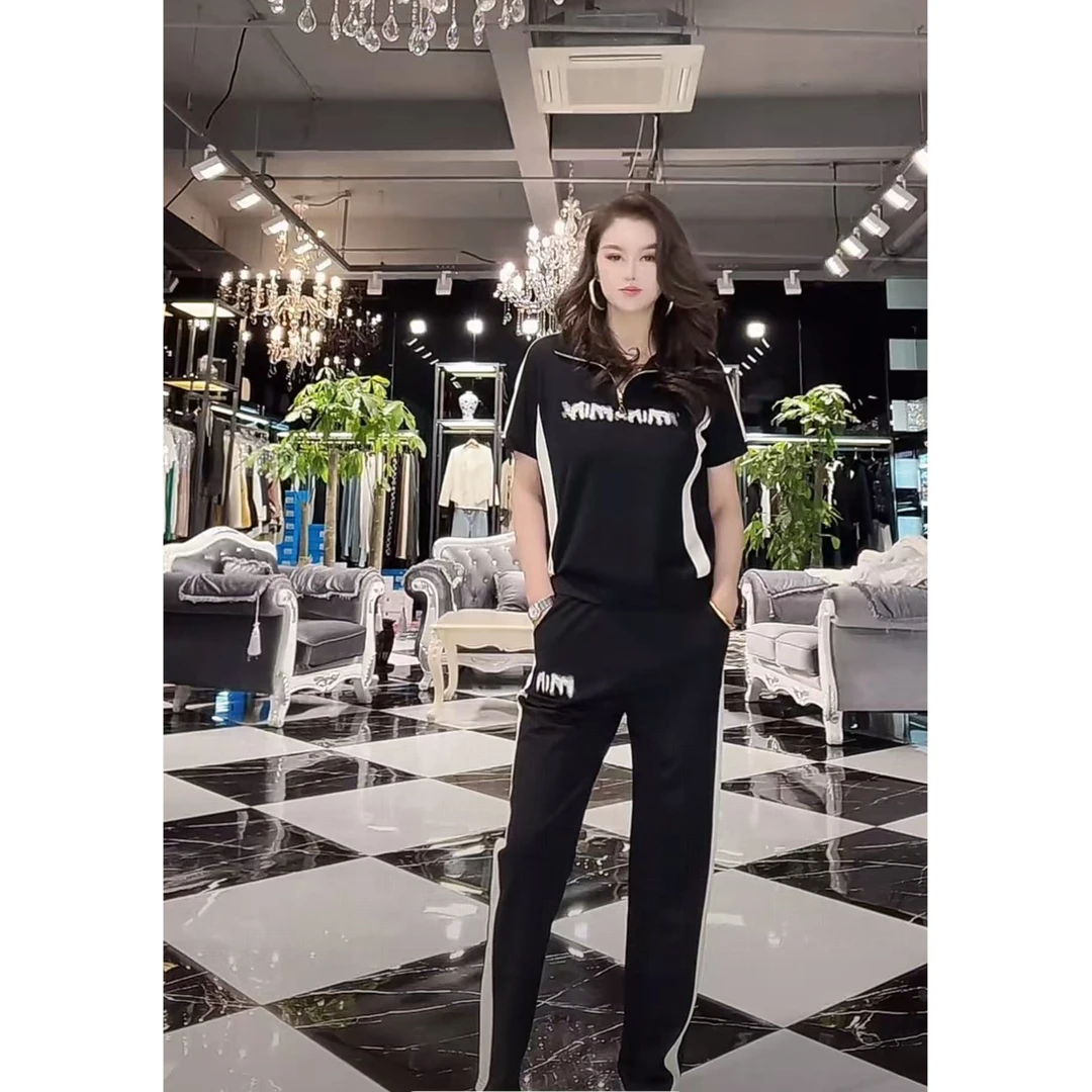 S胸前字母黑色短袖套装68073