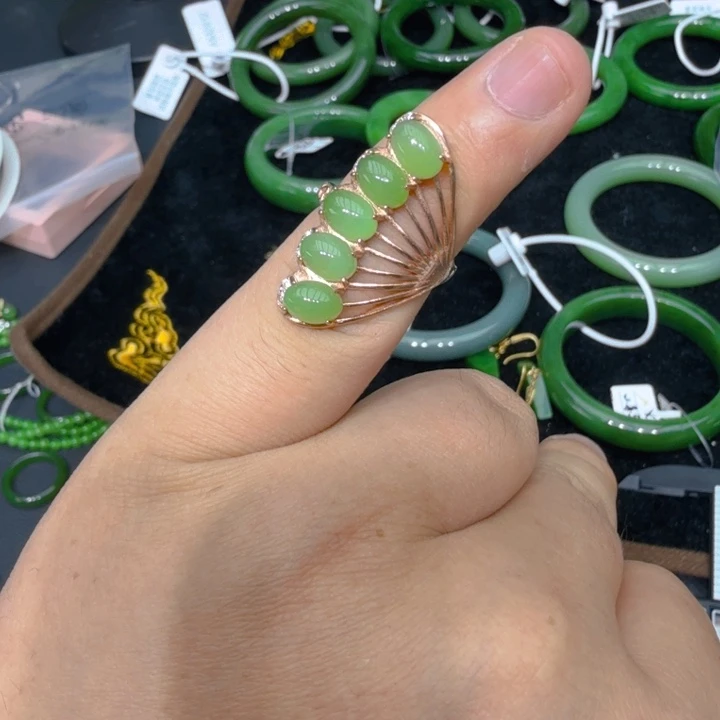 和田玉（碧玉）戒指银S925镀金镶嵌