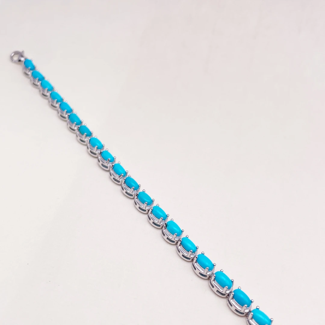 银镶高瓷蓝绿松石手链时尚款24粒蛋面