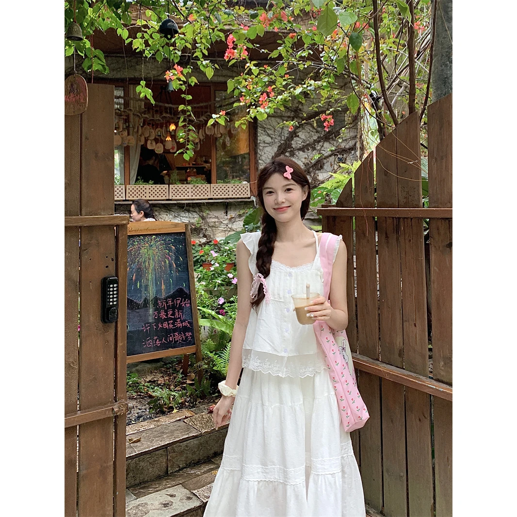 小飞袖花边拼接重工压褶上衣女半身裙长裙女小清新两件套蕾丝显瘦