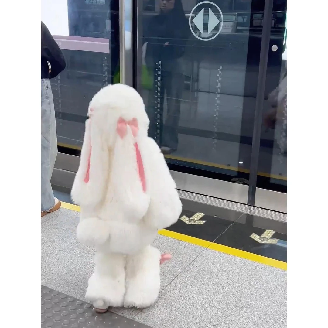 冬季女童可爱毛绒兔子套装宝宝加绒外套儿童洋气两件套仿皮草童装