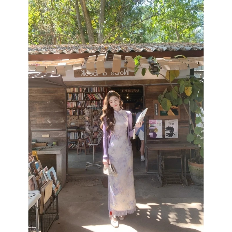 新中式国风【紫香玉】气质提花旗袍连衣裙女春夏晕染长裙