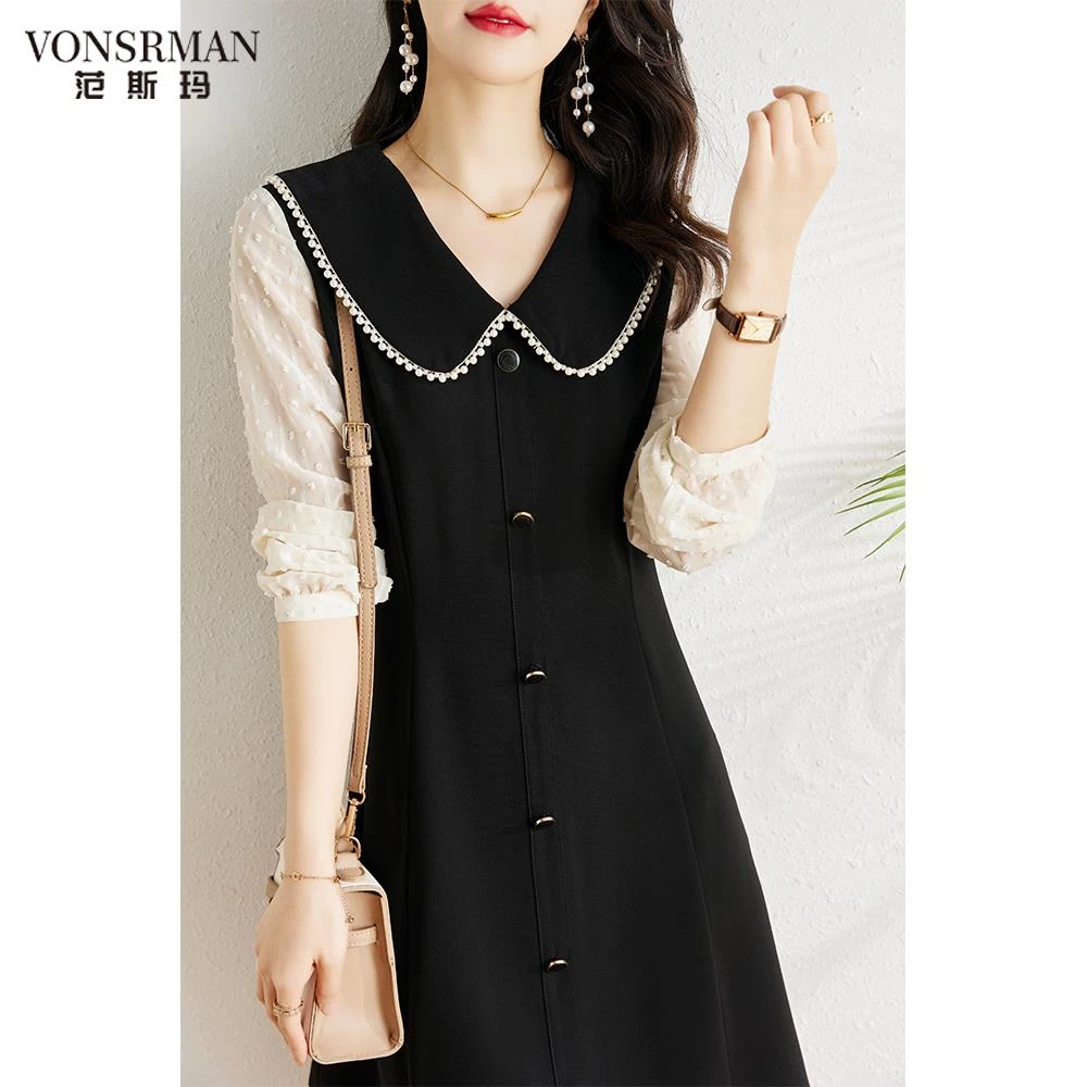 秋季2025新款韩版收腰显瘦中长版娃娃领气质减龄长袖A字洋装女士a