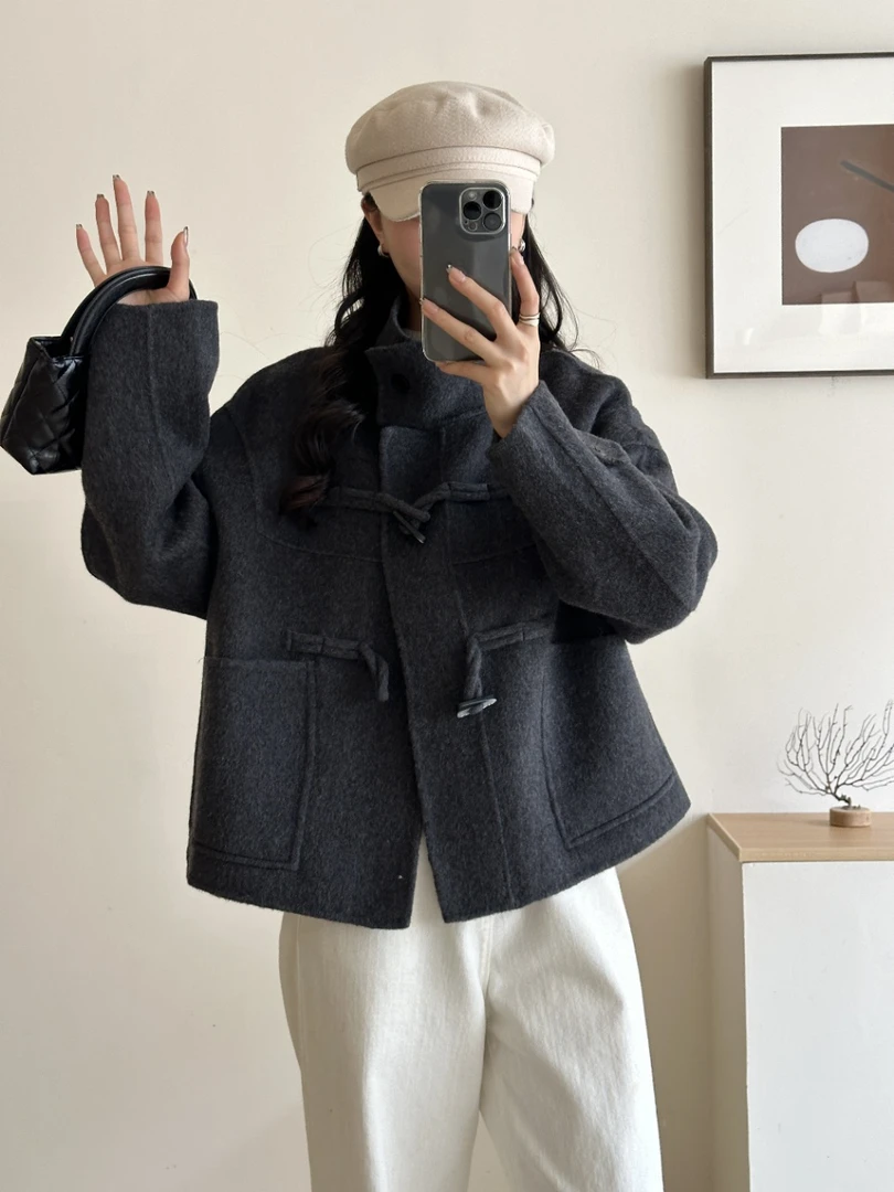 830韩系牛角扣双面短款大衣立领设计小个子加厚羊毛外套