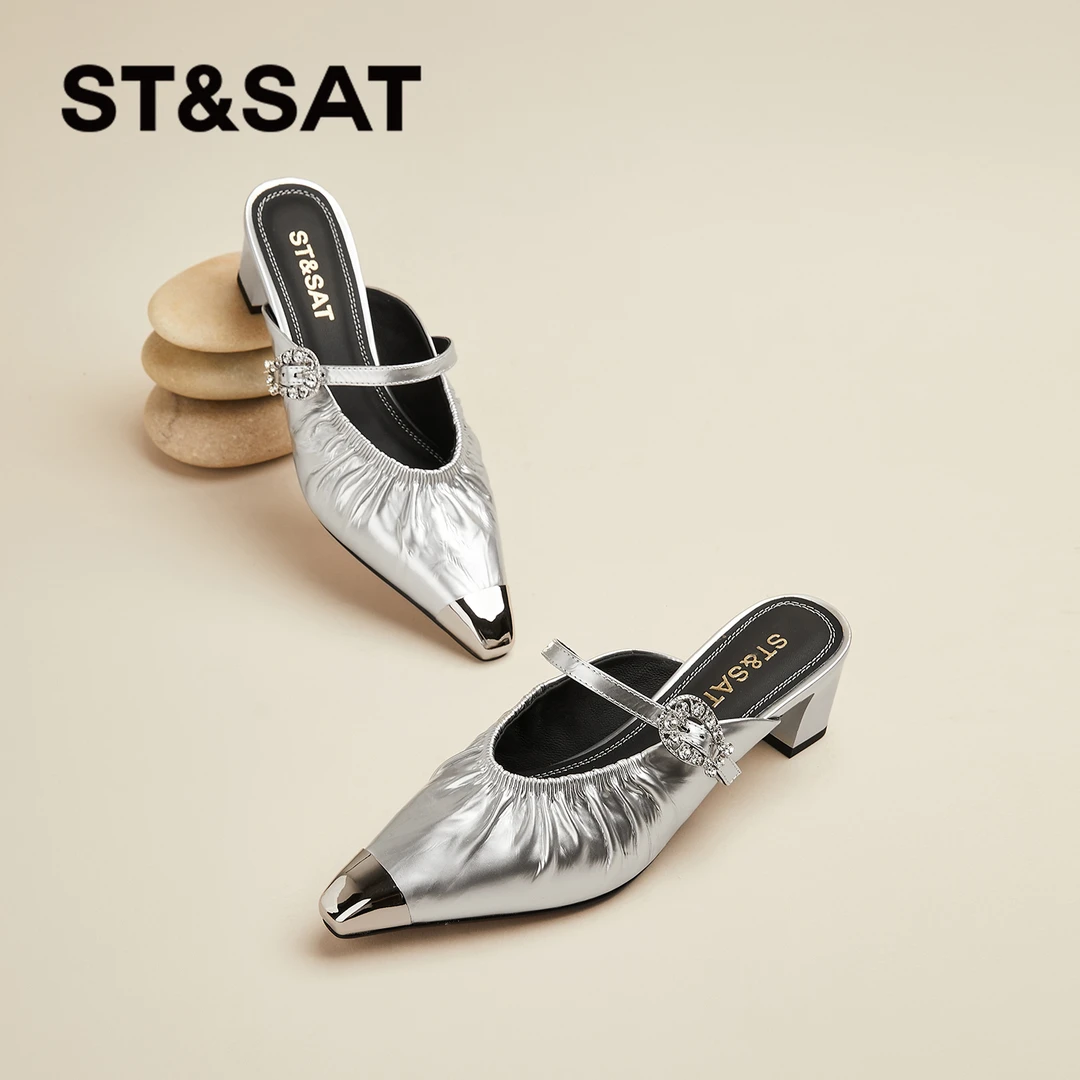 星期六凉鞋半拖鞋女夏外穿2025新款爆款真皮上档次出游百搭高跟鞋