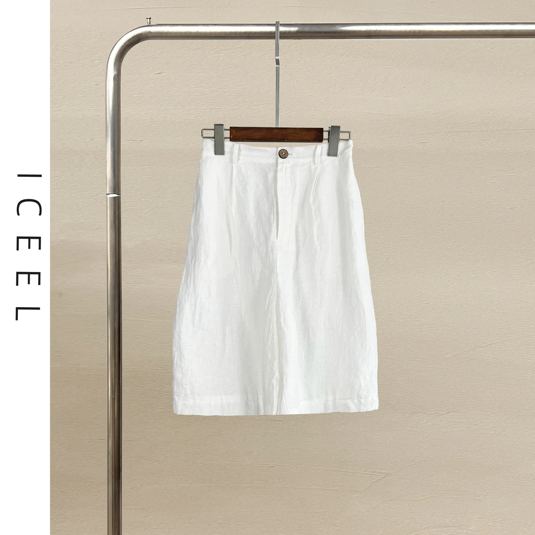 原创夏季新款高档纯色亚麻休闲短裤女宽松舒适高腰显瘦直筒五分裤