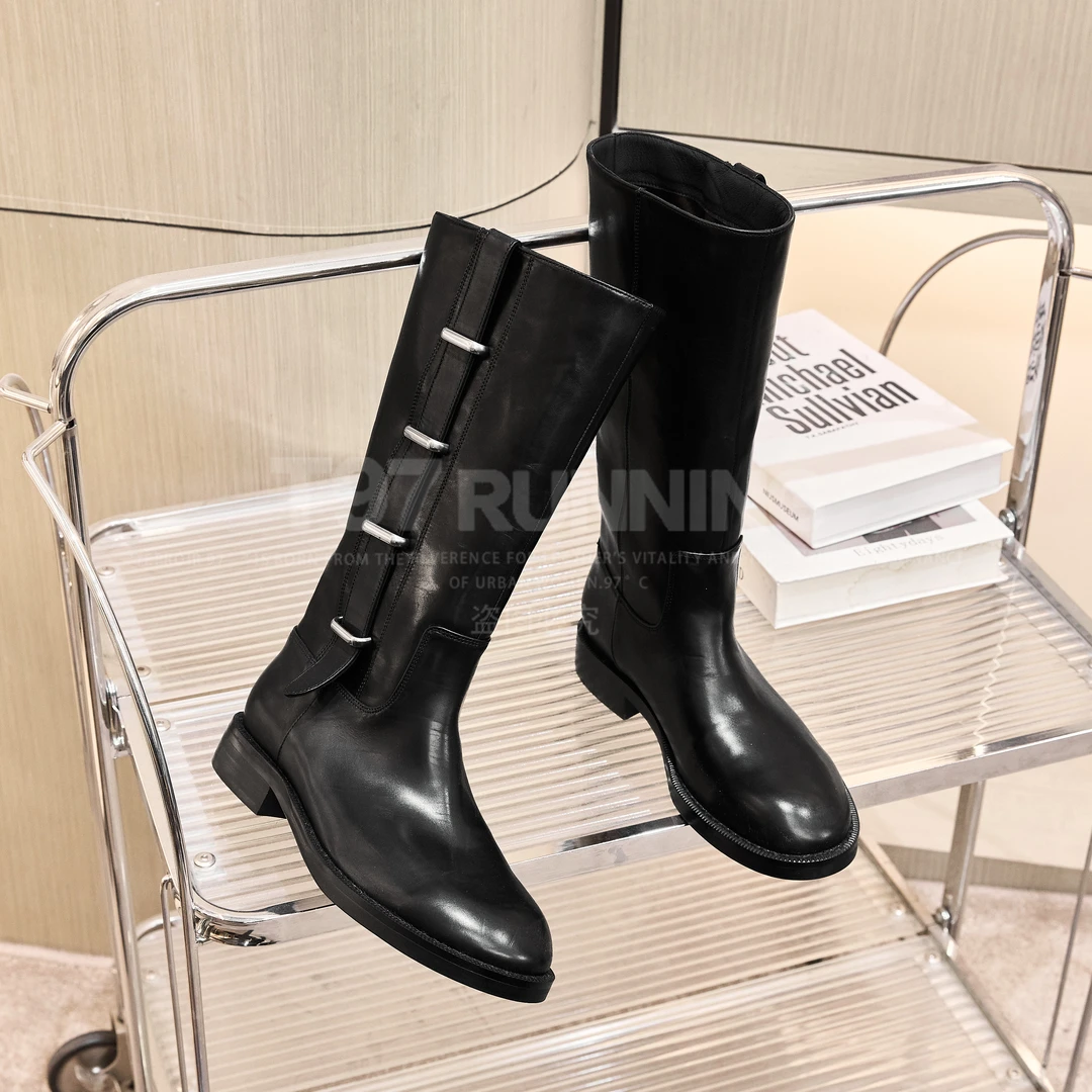 2025秋冬新款欧货时尚百搭圆头低跟一脚蹬显瘦骑士中筒靴女G3087