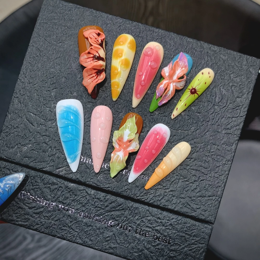 高级感穿戴甲美甲新款原创【夏日多巴胺】立体花卉热带花卉五彩美