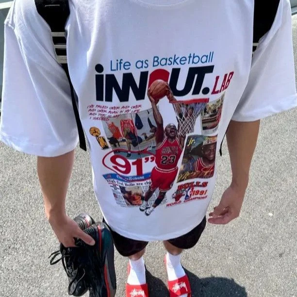 美式球星海报印花宽松圆领投篮短袖T恤男个性潮流圆领纯棉运动