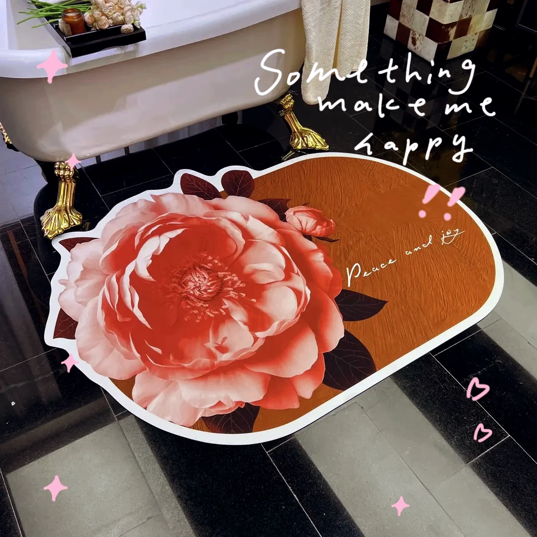 复古立体异形粉牡丹吸水垫花卉硅藻泥浴室速干防滑垫