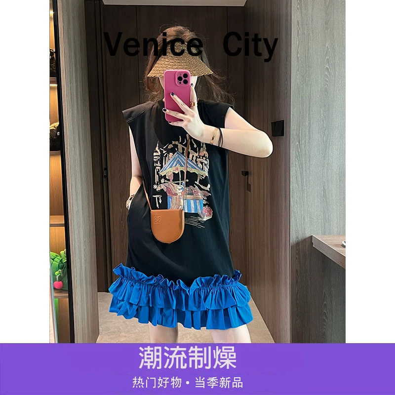 【文鹿鹿】2025夏新品轻奢设计师潮流无袖显瘦短袖T恤连衣裙子-5958