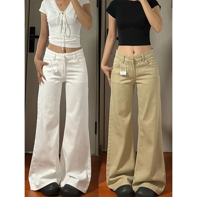 韩版白色微喇不贴腿牛仔裤女秋季新款复古低腰高个子显瘦直筒长裤