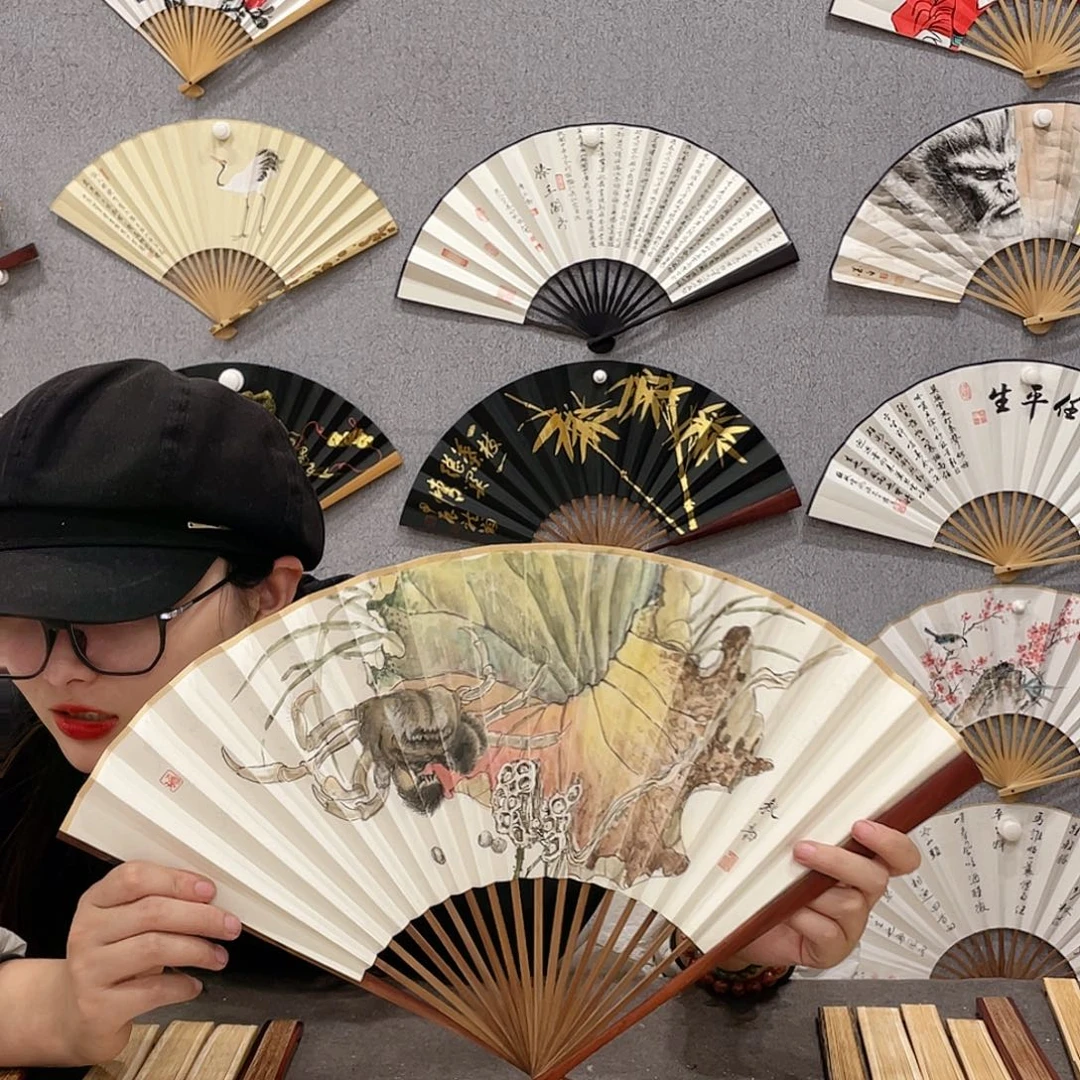 国画95寸红木-纯手绘-文玩扇骨（默认粘好）