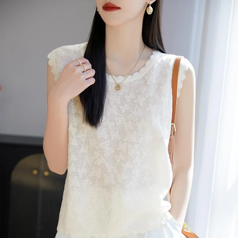 哥弟阿玛施正品温柔风浮雕提花无袖背心女2025夏薄精纺针织洋气打