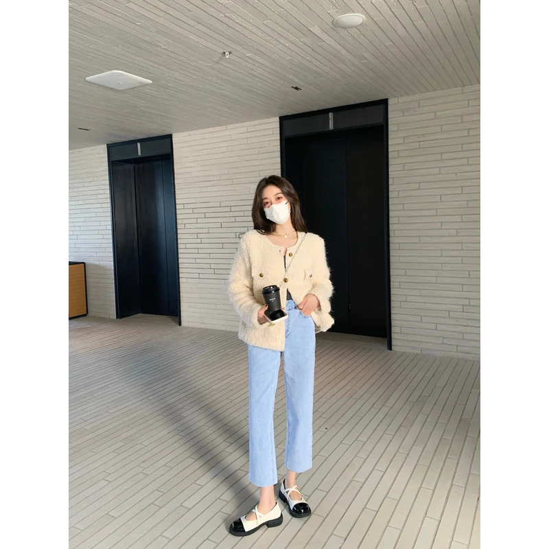 MMENGJA」浅色系直筒高腰牛仔裤女微宽松舒适不紧绷长裤休闲裤