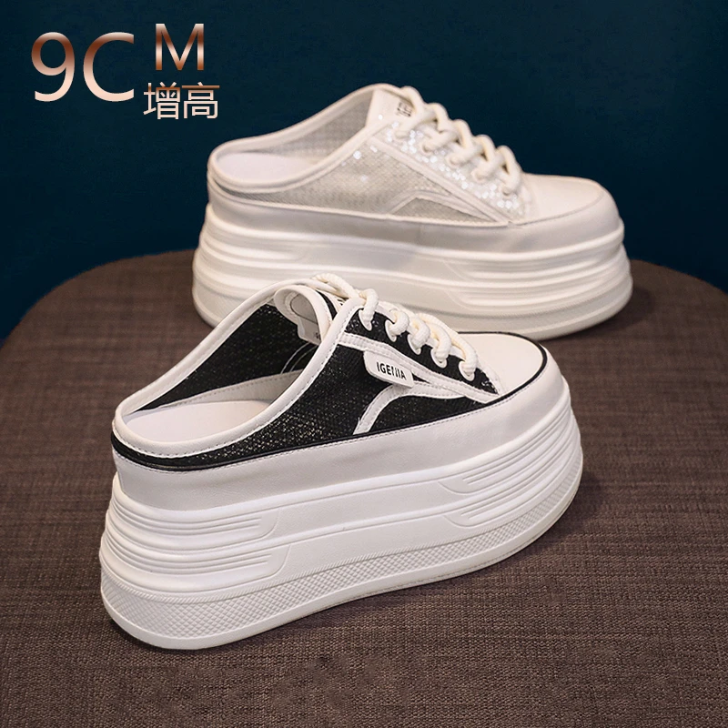 内增高包头拖无后跟小白鞋凉鞋厚底2025春夏休闲鞋镂空厚底半托鞋