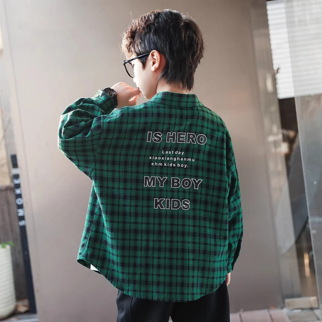 男童衬衫春秋格子长袖2025春装新款中大童上衣休闲儿童衬衣韩版潮