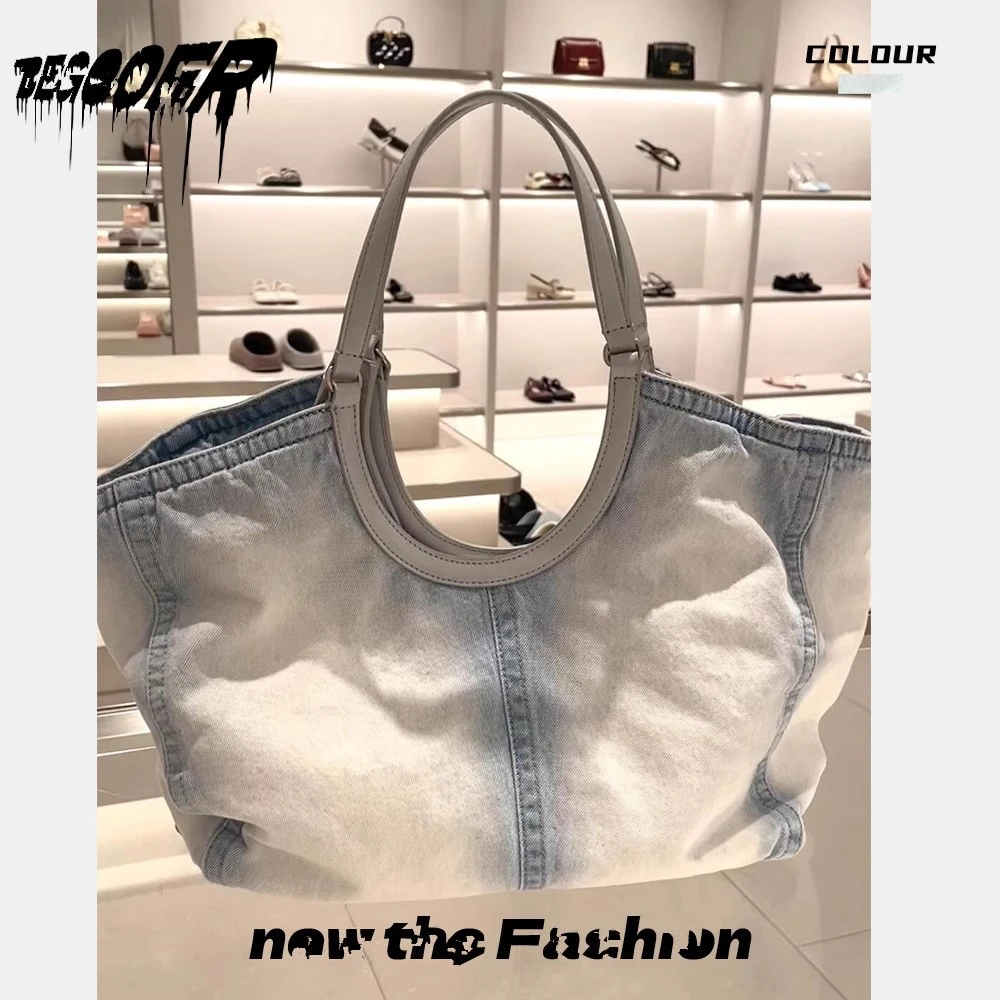 美式新款丹宁水洗做旧牛仔托特包女2025新款大容量小众通勤单肩包