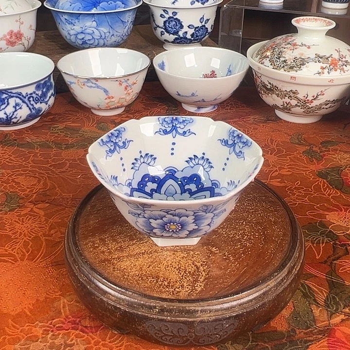 陶杯子青樵轩唐草牡丹六方杯