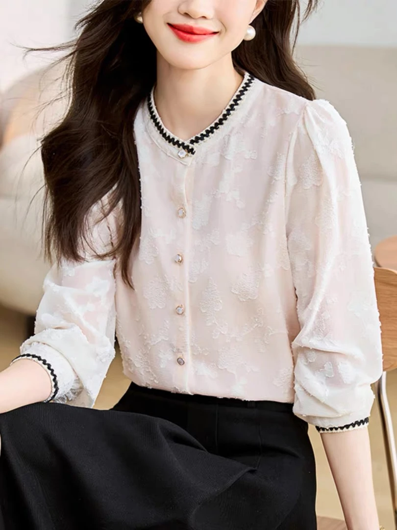 小香风女士雪纺衬衫夏季2025新款百搭上衣单排扣长袖立领气质衬衫