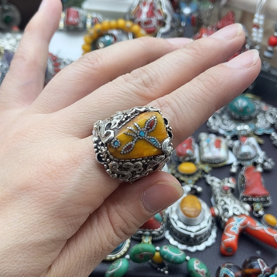 蜜蜡银S925镶嵌戒指坤尼泊尔手工制作