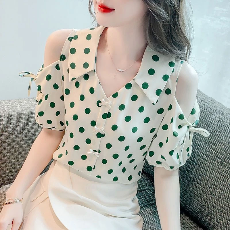 短袖雪纺衬衫女装夏季2025新款时尚别致独特圆点露肩上衣洋气小衫