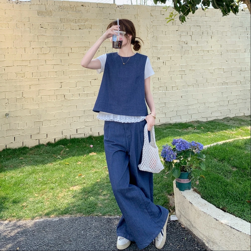 蓝色高级感牛仔马甲套装女2025夏小个子休闲减龄T恤阔腿裤三件套