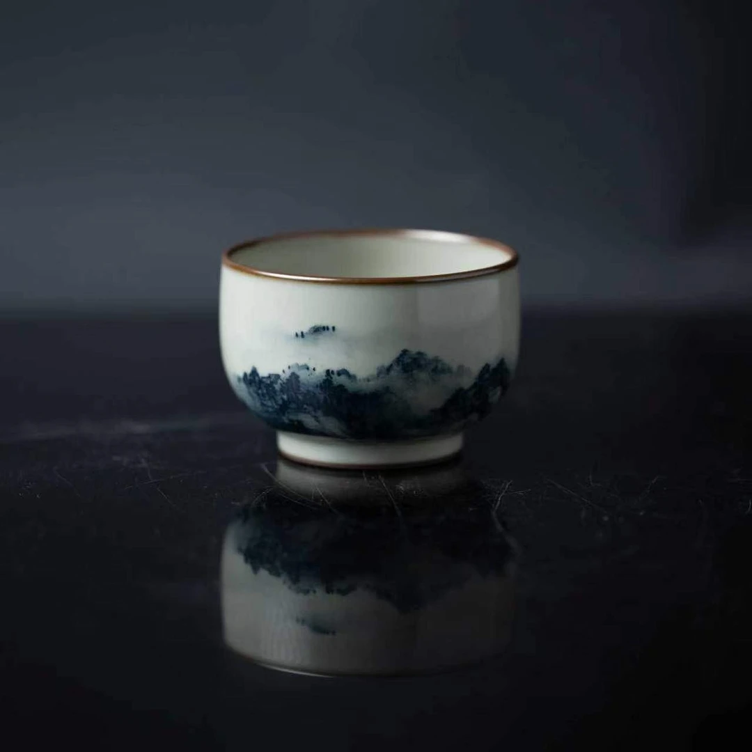 【素器汝瓷】 名师手绘 气柴窑 玉石青 泼墨山水问道杯 有矿物痕迹
