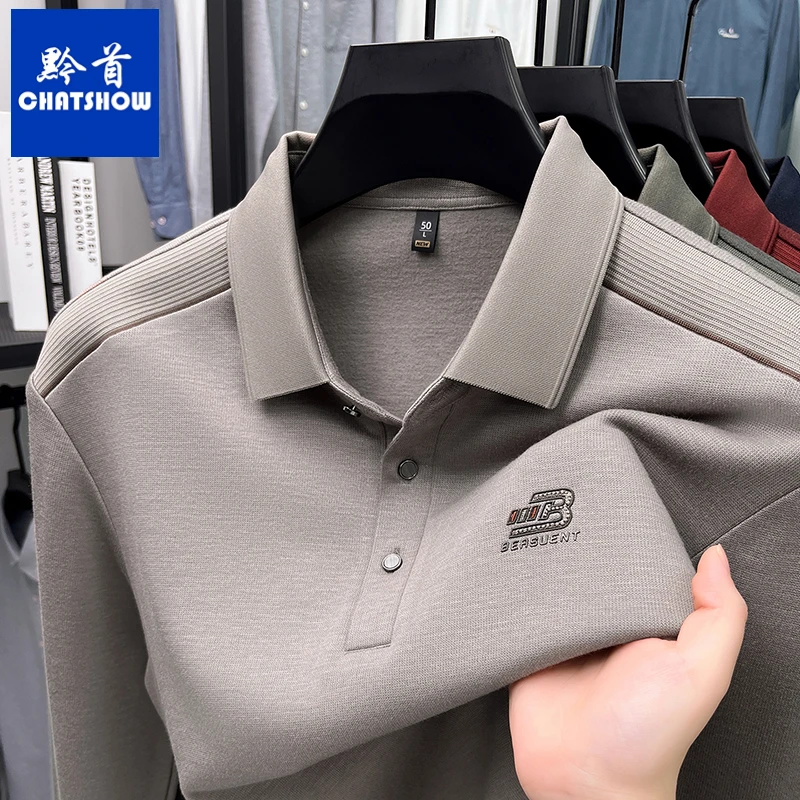 高档羊毛混纺男士长袖T恤新款磨毛薄绒加厚POLO衫商务休闲保暖t恤