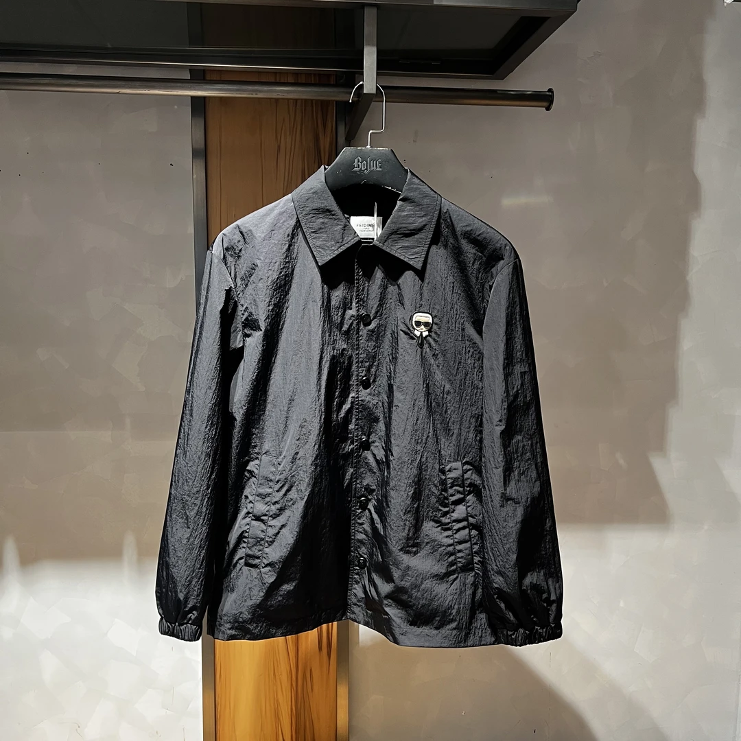 FEIDIMR烫钻翻领夹克黑色印花ol潮流男士上衣春款
